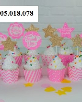Tem Bánh Cupcake Sinh Nhật Chủ Đề Hồng Gold Ép Kim Tuyến
